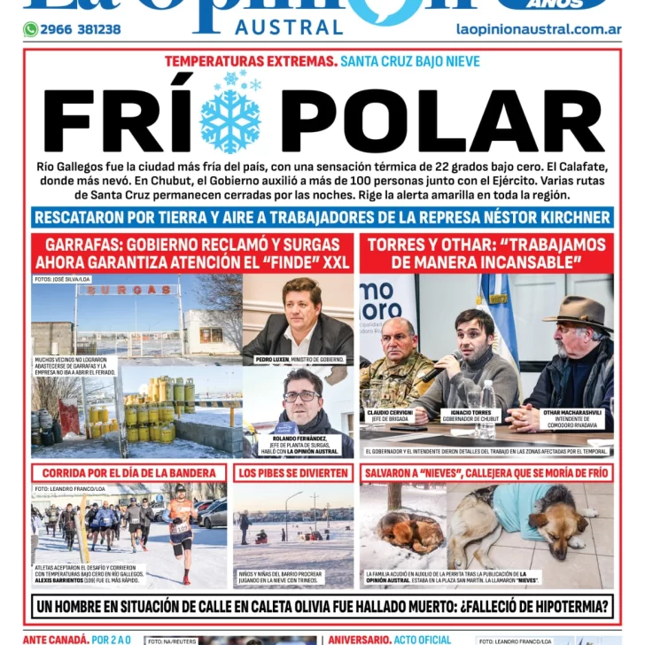 Diario La Opinión Austral tapa edición impresa del viernes 21 de junio de 2024, Río Gallegos, Santa Cruz, Argentina