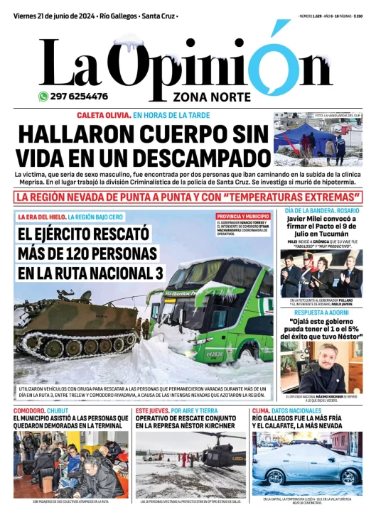 Diario La Opinión Zona Norte tapa edición impresa del viernes 21 de junio de 2024, Caleta Olivia, Santa Cruz, Argentina
