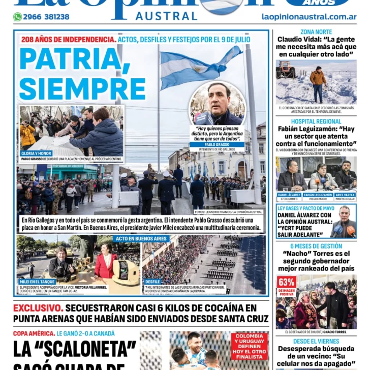 Diario La Opinión Austral tapa edición impresa del miércoles 10 de julio de 2024, Río Gallegos, Santa Cruz, Argentina