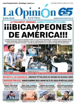 Diario La Opinión Austral tapa edición impresa del lunes 15 de julio de 2024, Río Gallegos, Santa Cruz, Argentina