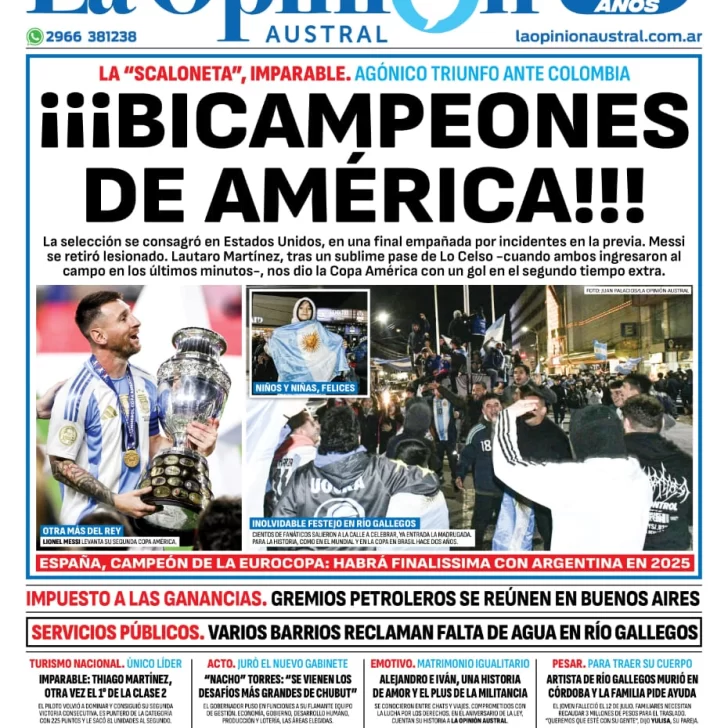 Diario La Opinión Austral tapa edición impresa del lunes 15 de julio de 2024, Río Gallegos, Santa Cruz, Argentina