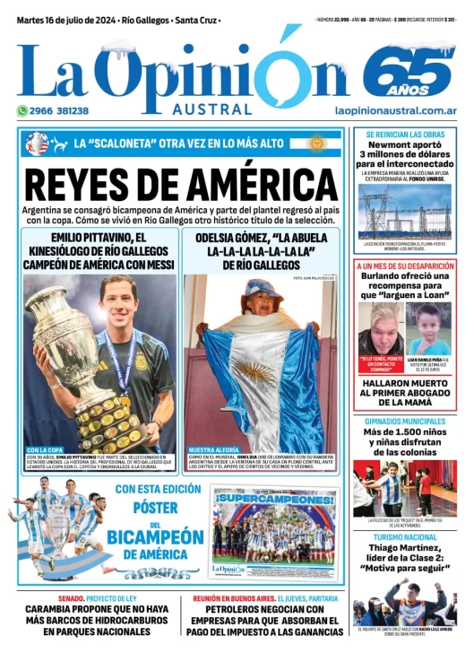 Diario La Opinión Austral tapa edición impresa del martes 16 de julio de 2024, Río Gallegos, Santa Cruz, Argentina