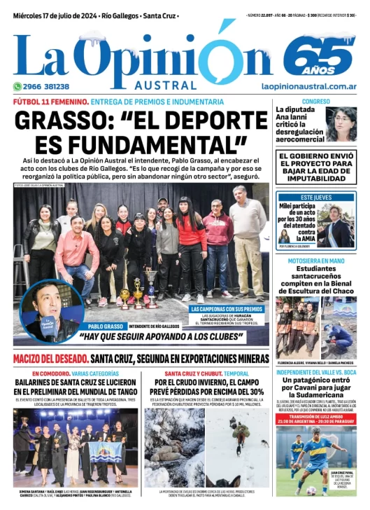 Diario La Opinión Austral tapa edición impresa del miércoles 17 de julio de 2024, Río Gallegos, Santa Cruz, Argentina