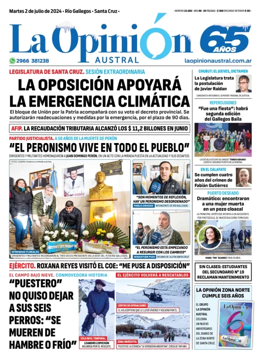 Diario La Opinión Austral tapa edición impresa del martes 2 de julio de 2024, Río Gallegos, Santa Cruz, Argentina