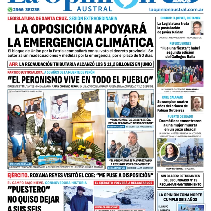 Diario La Opinión Austral tapa edición impresa del martes 2 de julio de 2024, Río Gallegos, Santa Cruz, Argentina