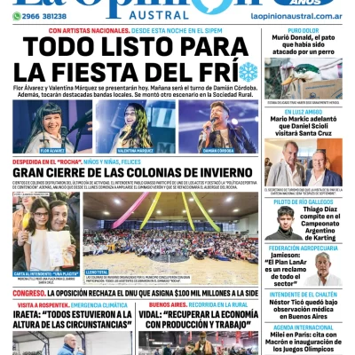 Diario La Opinión Austral tapa edición impresa del viernes 26 de julio de 2024, Río Gallegos, Santa Cruz, Argentina