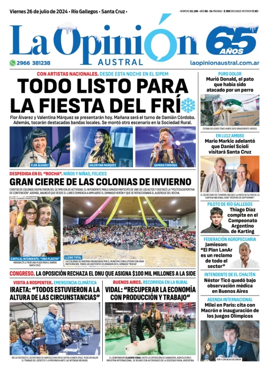 Diario La Opinión Austral tapa edición impresa del viernes 26 de julio de 2024, Río Gallegos, Santa Cruz, Argentina