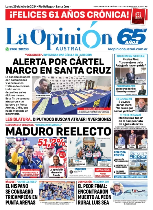 Diario La Opinión Austral tapa edición impresa del lunes 29 de julio de 2024, Río Gallegos, Santa Cruz, Argentina