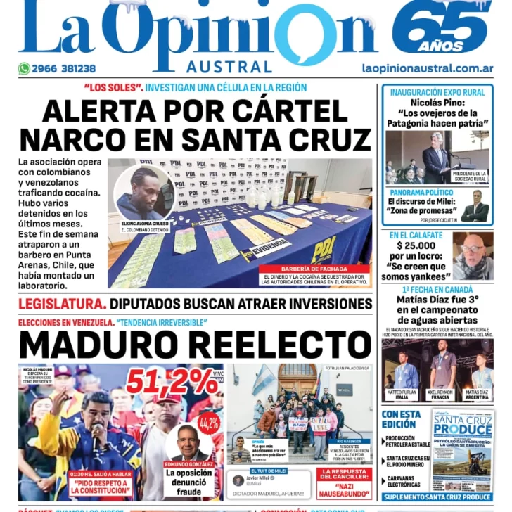 Diario La Opinión Austral tapa edición impresa del lunes 29 de julio de 2024, Río Gallegos, Santa Cruz, Argentina