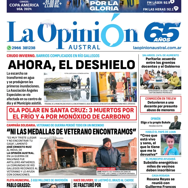 Diario La Opinión Austral tapa edición impresa del viernes 12 de julio de 2024, Río Gallegos, Santa Cruz, Argentin