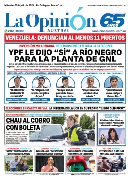 Diario La Opinión Austral tapa edición impresa del miércoles 31 de julio de 2024, Río Gallegos, Santa Cruz, Argentina