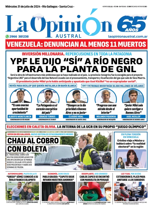 Diario La Opinión Austral tapa edición impresa del miércoles 31 de julio de 2024, Río Gallegos, Santa Cruz, Argentina