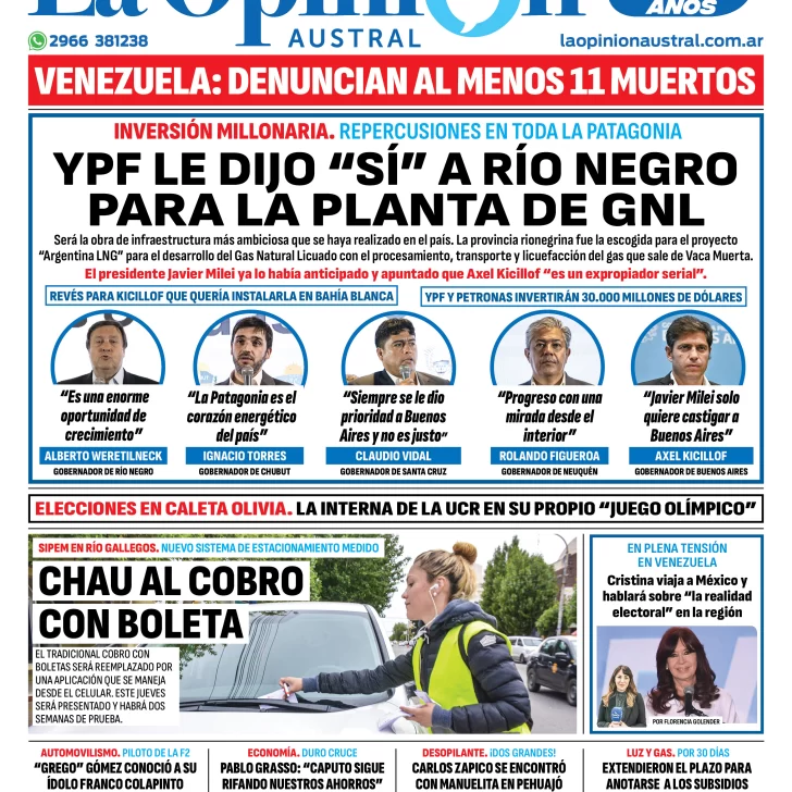 Diario La Opinión Austral tapa edición impresa del miércoles 31 de julio de 2024, Río Gallegos, Santa Cruz, Argentina