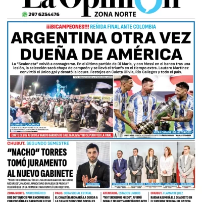 Diario La Opinión Zona Norte tapa edición impresa del lunes 15 de julio de 2024, Caleta Olivia, Santa Cruz, Argentina