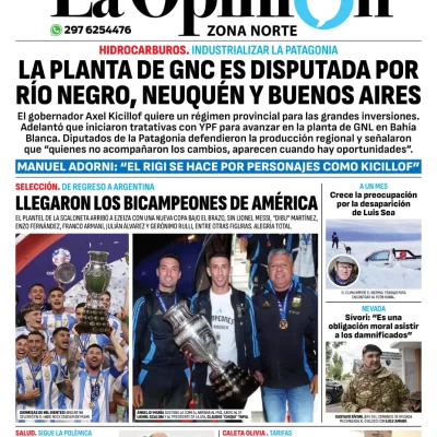 Diario La Opinión Zona Norte tapa edición impresa del martes 16 de julio de 2024, Caleta Olivia, Santa Cruz, Argentina