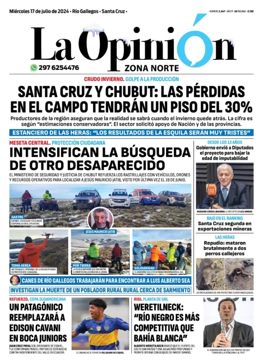 Diario La Opinión Zona Norte tapa edición impresa del miércoles 17 de julio de 2024, Caleta Olivia, Santa Cruz, Argentina