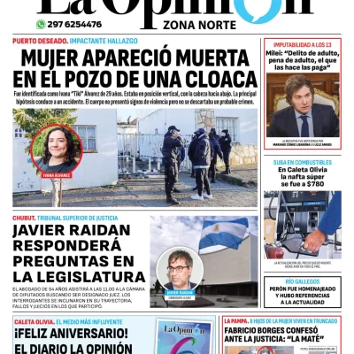 Diario La Opinión Zona Norte tapa edición impresa del martes 2 de julio de 2024, Caleta Olivia, Santa Cruz, Argentina