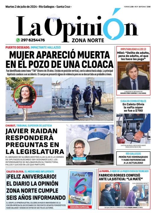 Diario La Opinión Zona Norte tapa edición impresa del martes 2 de julio de 2024, Caleta Olivia, Santa Cruz, Argentina