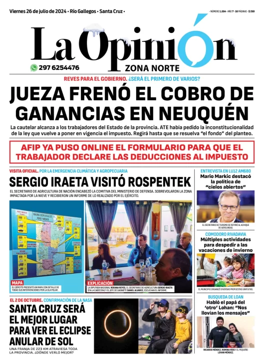 Diario La Opinión Zona Norte tapa edición impresa del viernes 26 de julio de 2024, Caleta Olivia, Santa Cruz, Argentina