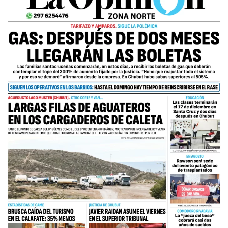 Diario La Opinión Zona Norte tapa edición impresa del martes 30 de julio de 2024, Caleta Olivia, Santa Cruz, Argentina Diario La Opinión Zona Norte tapa edición impresa del martes 30 de julio de 2024, Caleta Olivia, Santa Cruz, Argentina
