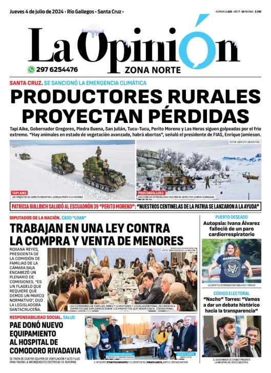 Diario La Opinión Zona Norte tapa edición impresa del jueves 4 de julio de 2024, Caleta Olivia, Santa Cruz, Argentina