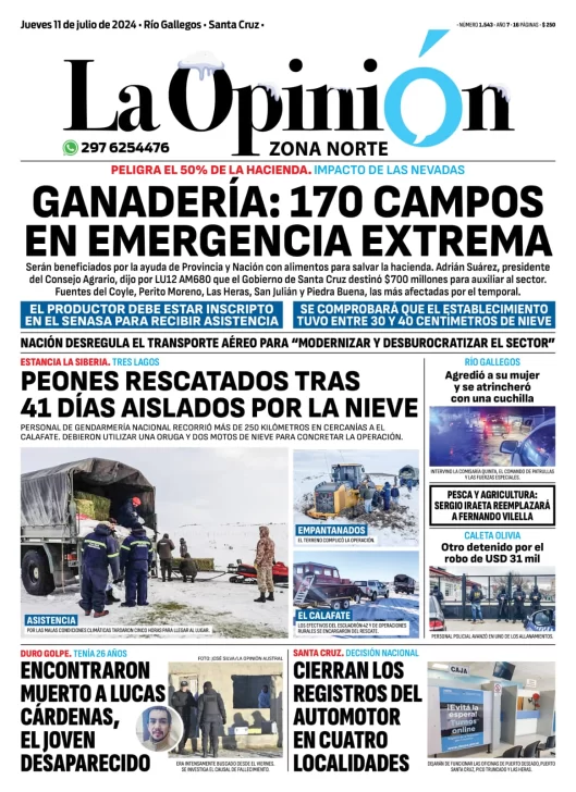 Diario La Opinión Zona Norte tapa edición impresa del jueves 11 de julio de 2024, Caleta Olivia, Santa Cruz, Argentina