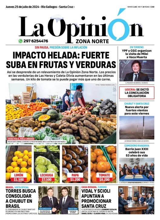 Diario La Opinión Zona Norte tapa edición impresa del jueves 25 de julio de 2024, Caleta Olivia, Santa Cruz, Argentina