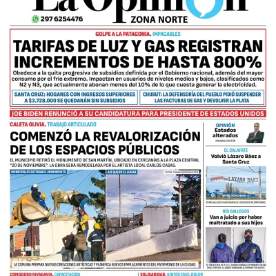 Diario La Opinión Zona Norte tapa edición impresa del lunes 22 de julio de 2024, Caleta Olivia, Santa Cruz, Argentina