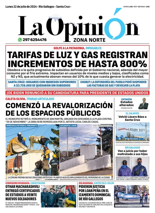 Diario La Opinión Zona Norte tapa edición impresa del lunes 22 de julio de 2024, Caleta Olivia, Santa Cruz, Argentina