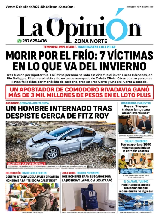 Diario La Opinión Zona Norte tapa edición impresa del viernes 12 de julio de 2024, Caleta Olivia, Santa Cruz, Argentina