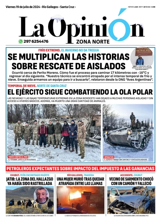 Diario La Opinión Zona Norte tapa edición impresa del viernes 19 de julio de 2024, Caleta Olivia, Santa Cruz, Argentina