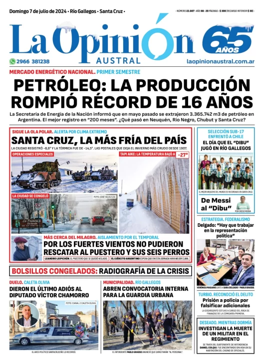 Diario La Opinión Austral tapa edición impresa del domingo 7 de julio de 2024, Río Gallegos, Santa Cruz, Argentina
