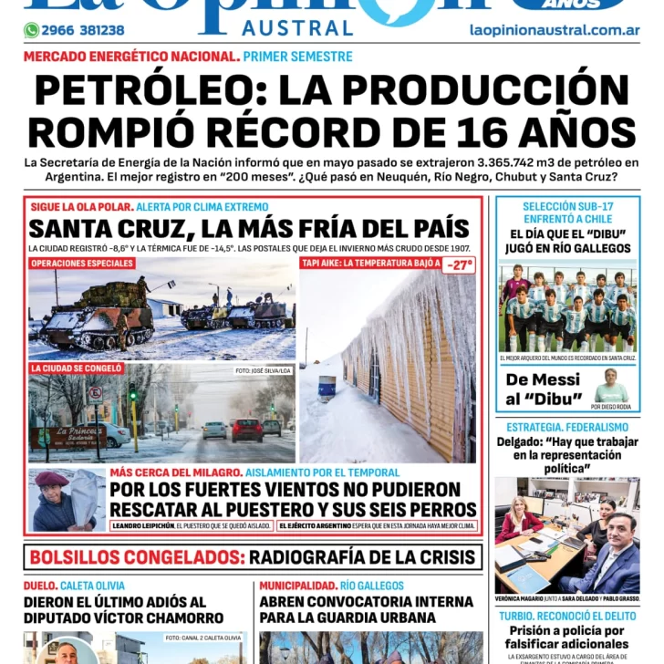 Diario La Opinión Austral tapa edición impresa del domingo 7 de julio de 2024, Río Gallegos, Santa Cruz, Argentina