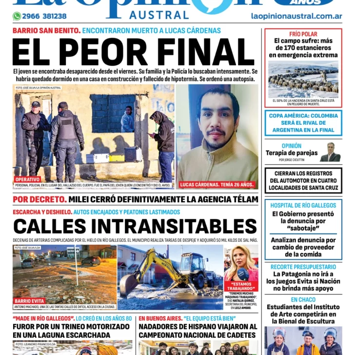 Diario La Opinión Austral tapa edición impresa del jueves 11 de julio de 2024, Río Gallegos, Santa Cruz, Argentina