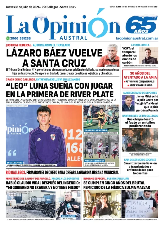 Diario La Opinión Austral tapa edición impresa del jueves 18 de julio de 2024, Río Gallegos, Santa Cruz, Argentina