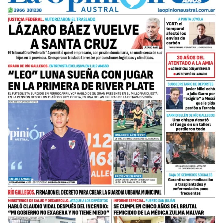 Diario La Opinión Austral tapa edición impresa del jueves 18 de julio de 2024, Río Gallegos, Santa Cruz, Argentina