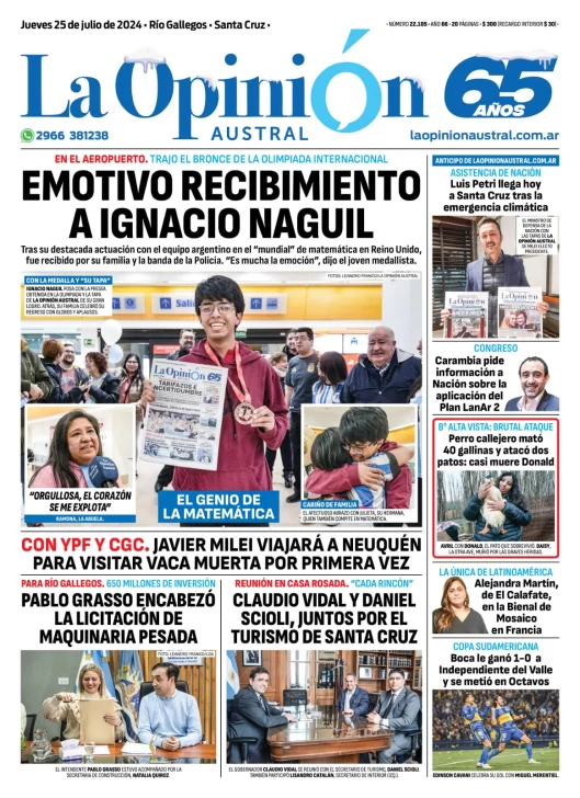 Diario La Opinión Austral tapa edición impresa del jueves 25 de julio de 2024, Río Gallegos, Santa Cruz, Argentina