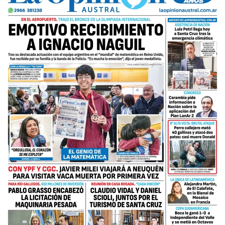 Diario La Opinión Austral tapa edición impresa del jueves 25 de julio de 2024, Río Gallegos, Santa Cruz, Argentina