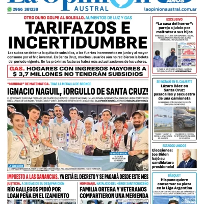 Diario La Opinión Austral tapa edición impresa del lunes 22 de julio de 2024, Río Gallegos, Santa Cruz, Argentina