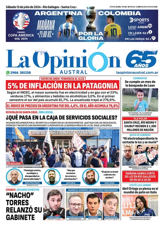 Diario La Opinión Austral tapa edición impresa del sábado 13 de julio de 2024, Río Gallegos, Santa Cruz, Argentina