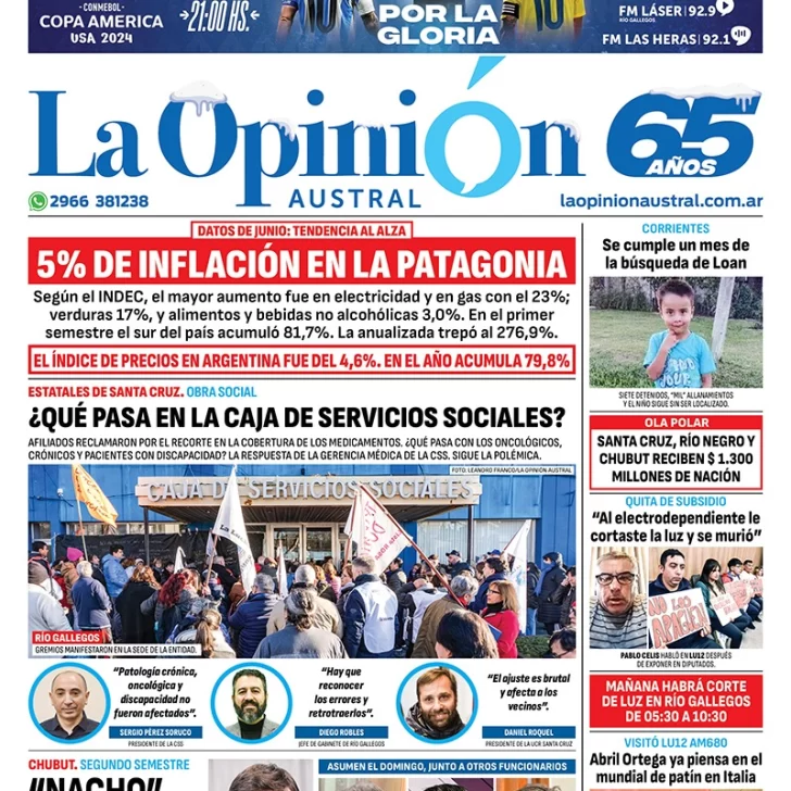 Diario La Opinión Austral tapa edición impresa del sábado 13 de julio de 2024, Río Gallegos, Santa Cruz, Argentina