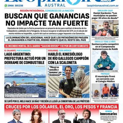 Diario La Opinión Austral tapa edición impresa del sábado 20 de julio de 2024, Río Gallegos, Santa Cruz, Argentina