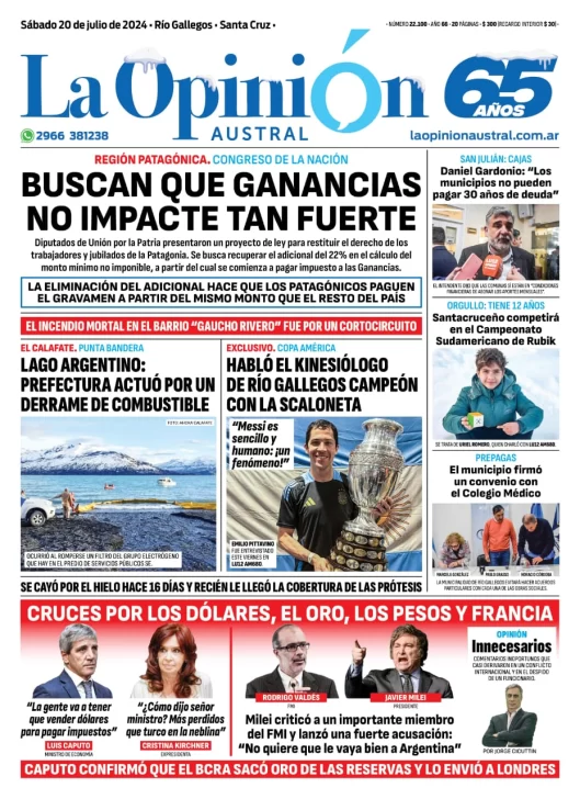 Diario La Opinión Austral tapa edición impresa del sábado 20 de julio de 2024, Río Gallegos, Santa Cruz, Argentina