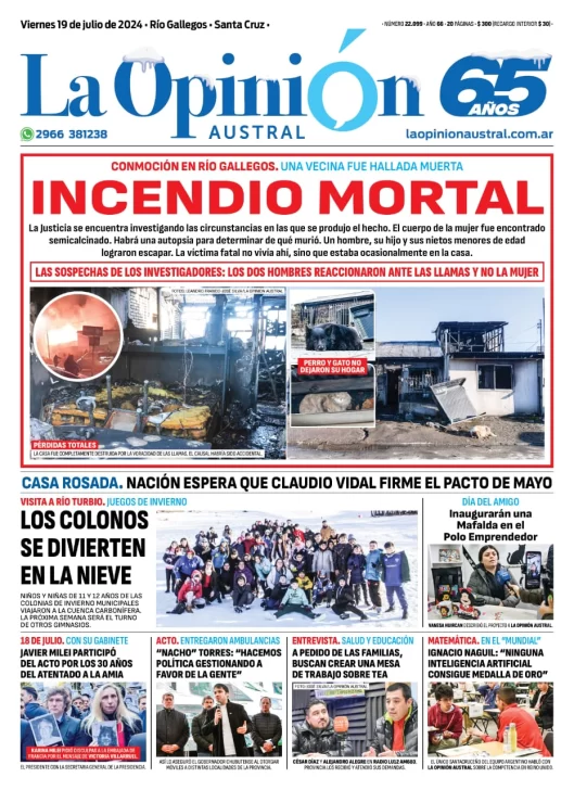 Diario La Opinión Austral tapa edición impresa del viernes 19 de julio de 2024, Río Gallegos, Santa Cruz, Argentina