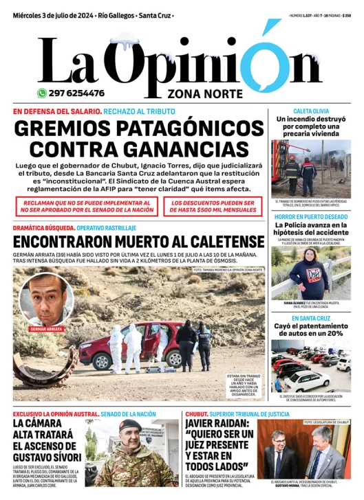 Diario La Opinión Zona Norte tapa edición impresa del miércoles 3 de julio de 2024, Caleta Olivia, Santa Cruz, Argentina