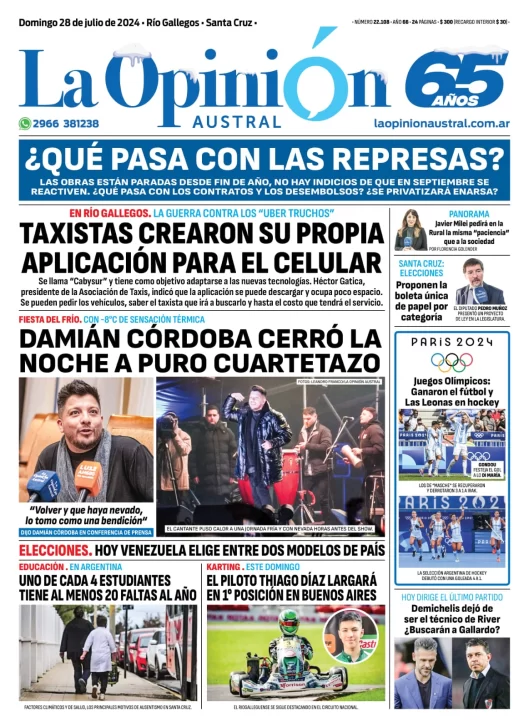 Diario La Opinión Austral tapa edición impresa del domingo 28 de julio de 2024, Río Gallegos, Santa Cruz, Argentina