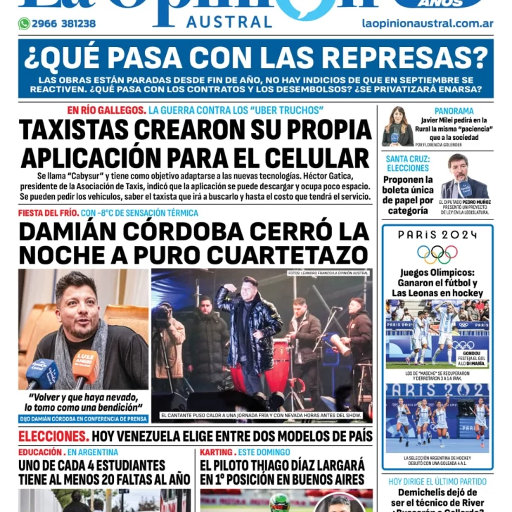 Diario La Opinión Austral tapa edición impresa del domingo 28 de julio de 2024, Río Gallegos, Santa Cruz, Argentina