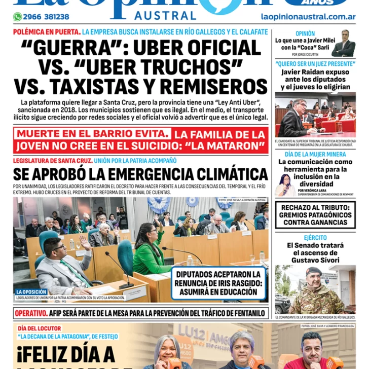 Diario La Opinión Austral tapa edición impresa del miércoles 3 de julio de 2024, Río Gallegos, Santa Cruz, Argentina