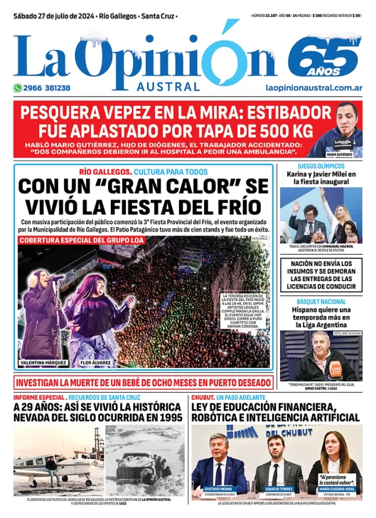 Diario La Opinión Austral tapa edición impresa del sábado 27 de julio de 2024, Río Gallegos, Santa Cruz, Argentina