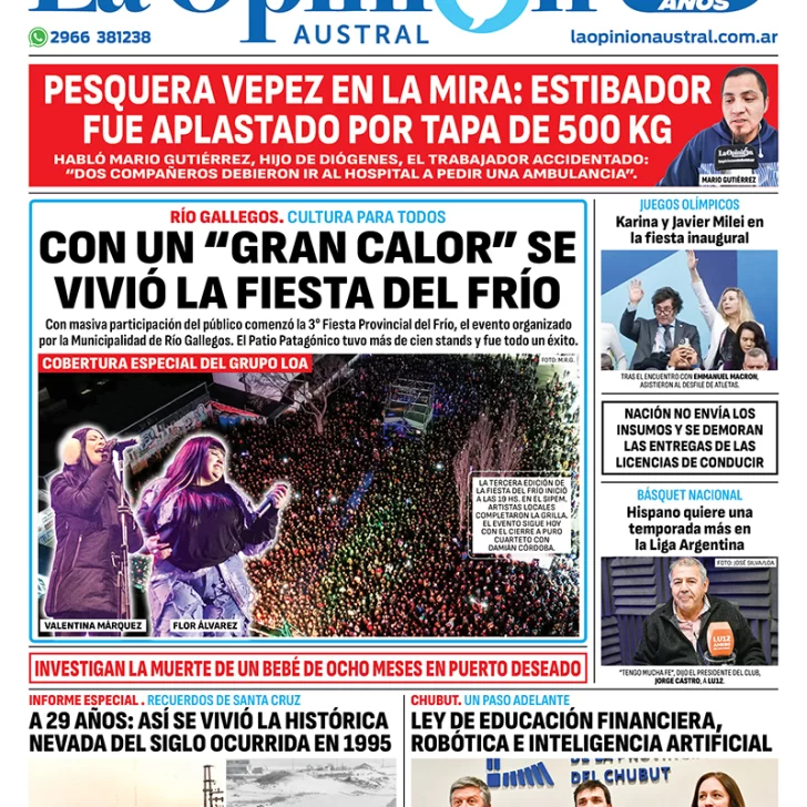 Diario La Opinión Austral tapa edición impresa del sábado 27 de julio de 2024, Río Gallegos, Santa Cruz, Argentina